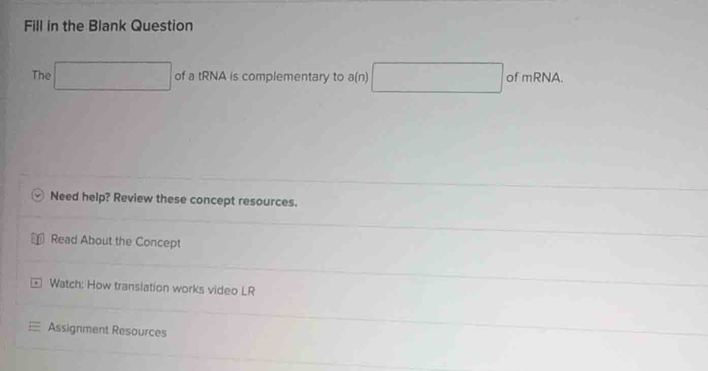 fill in the blank question the of a trna is complementary to a(n) of mr…