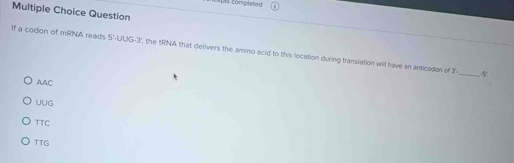 multiple choice question if a codon of mrna reads 5-uug-3, the trna tha…