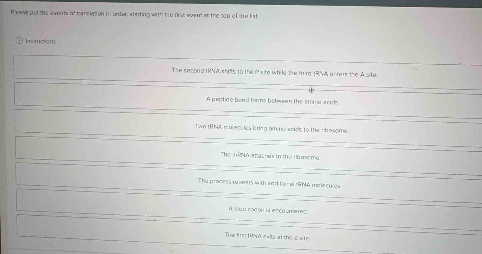please put the events of translation in order, starting with the first …