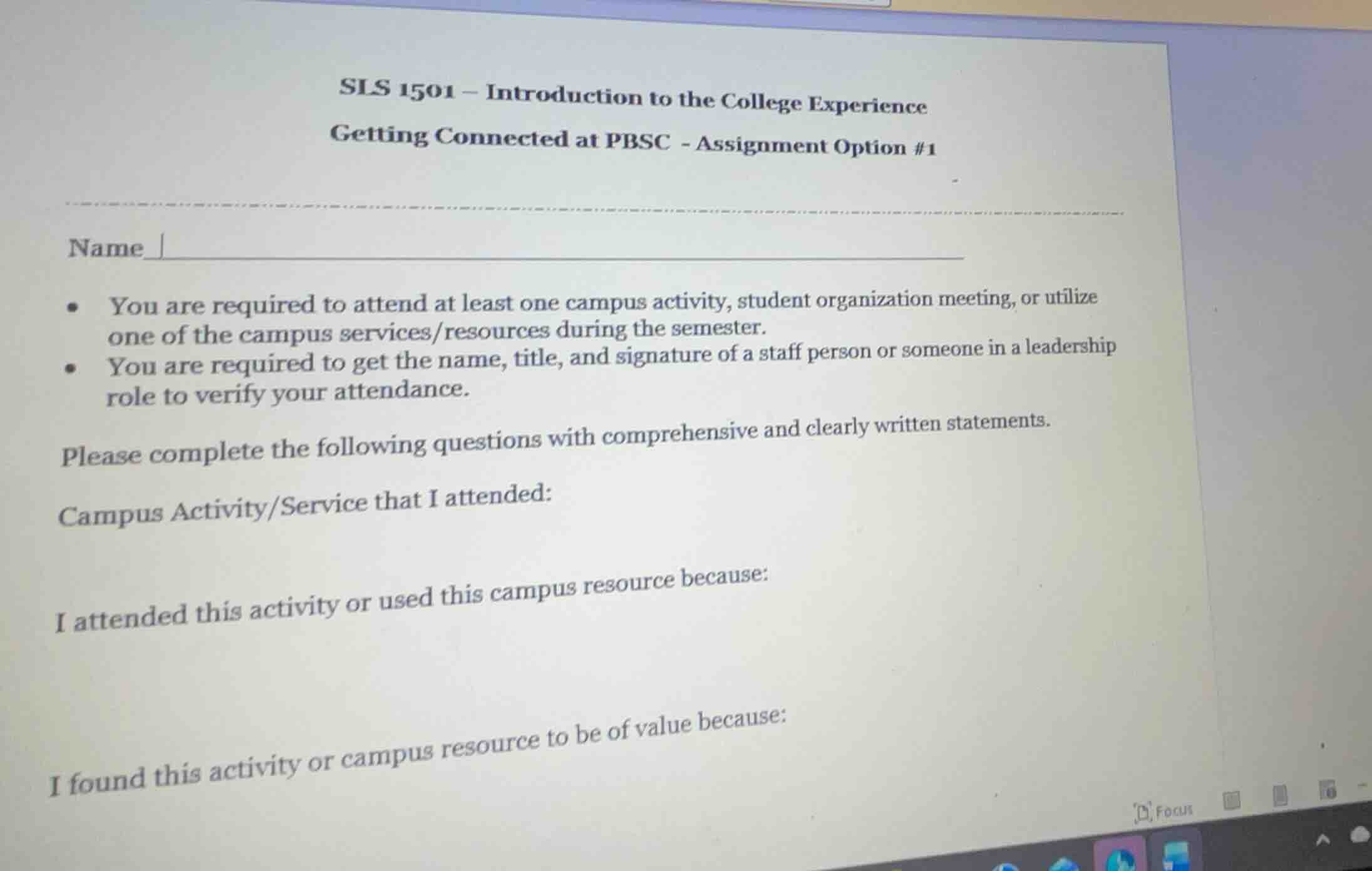 sls 1501 - introduction to the college experience getting connected at …