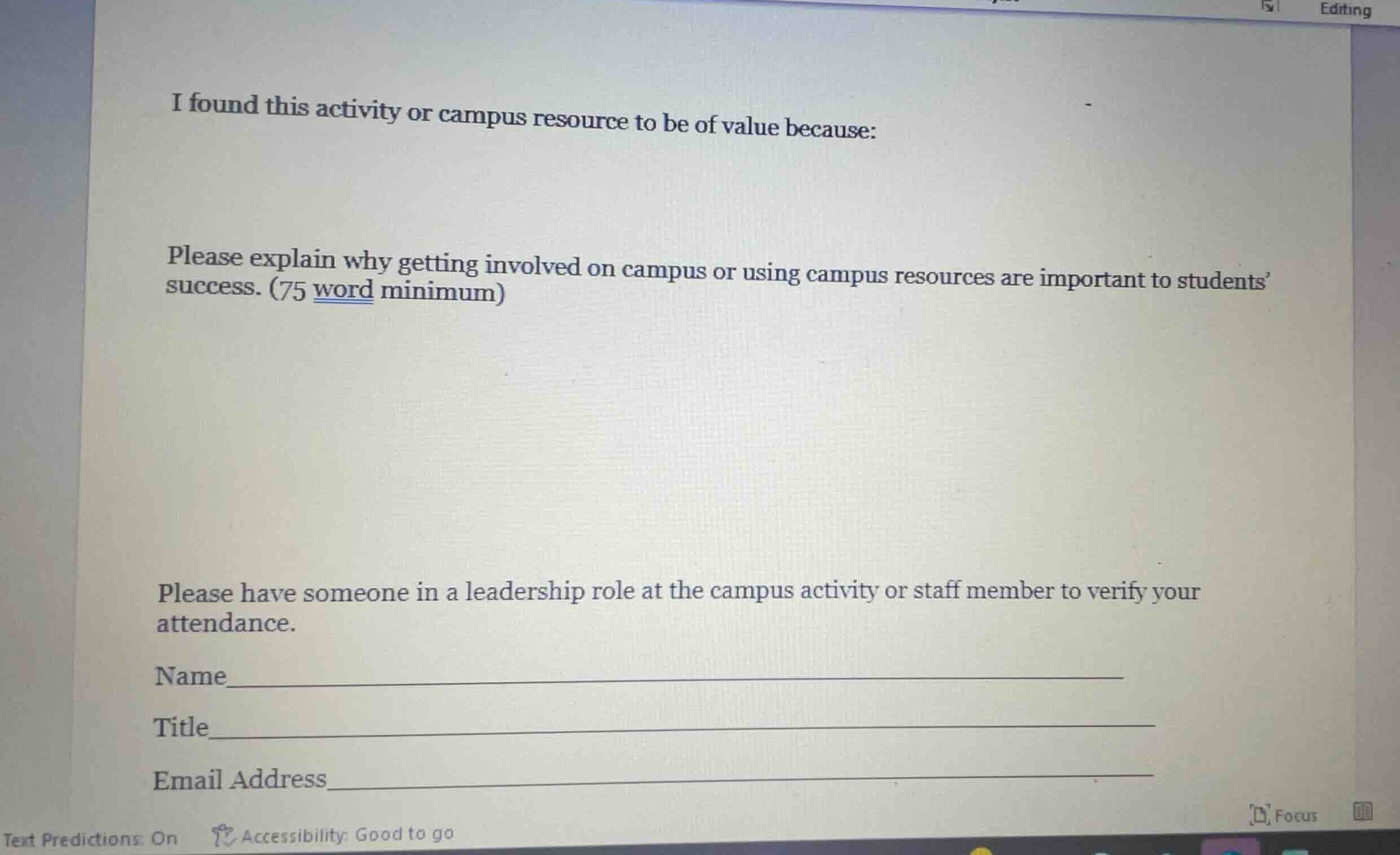 i found this activity or campus resource to be of value because: please…