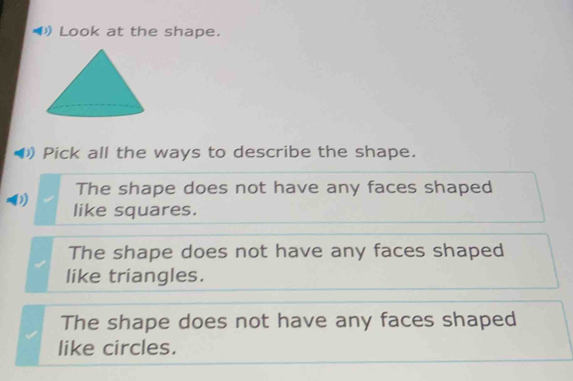 look at the shape. pick all the ways to describe the shape. - the shape…