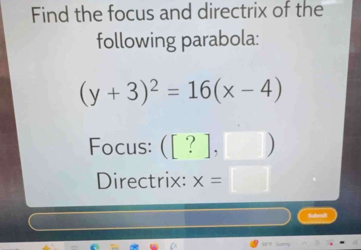 find the focus and directrix of the following parabola: \\(y + 3)^2 = 1…