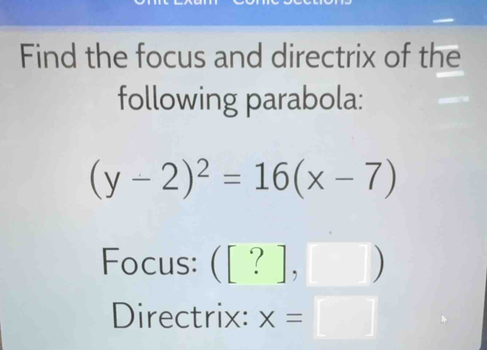 find the focus and directrix of the following parabola: \\(y - 2)^2 = 1…