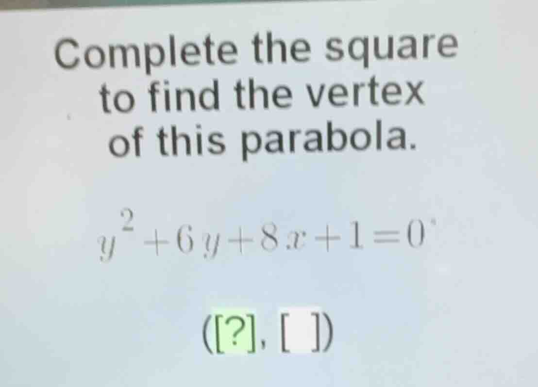 complete the square to find the vertex of this parabola. \\y^2 + 6y + 8…
