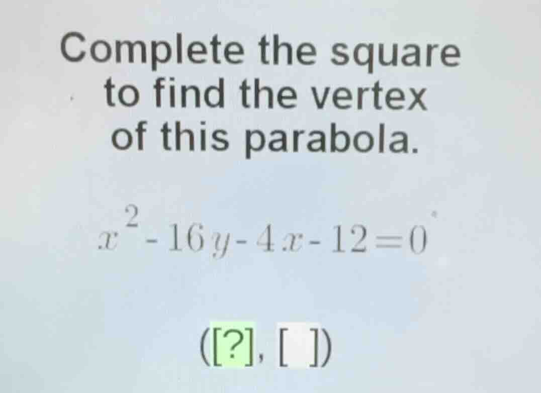 complete the square to find the vertex of this parabola. \\x^2 - 16y - …