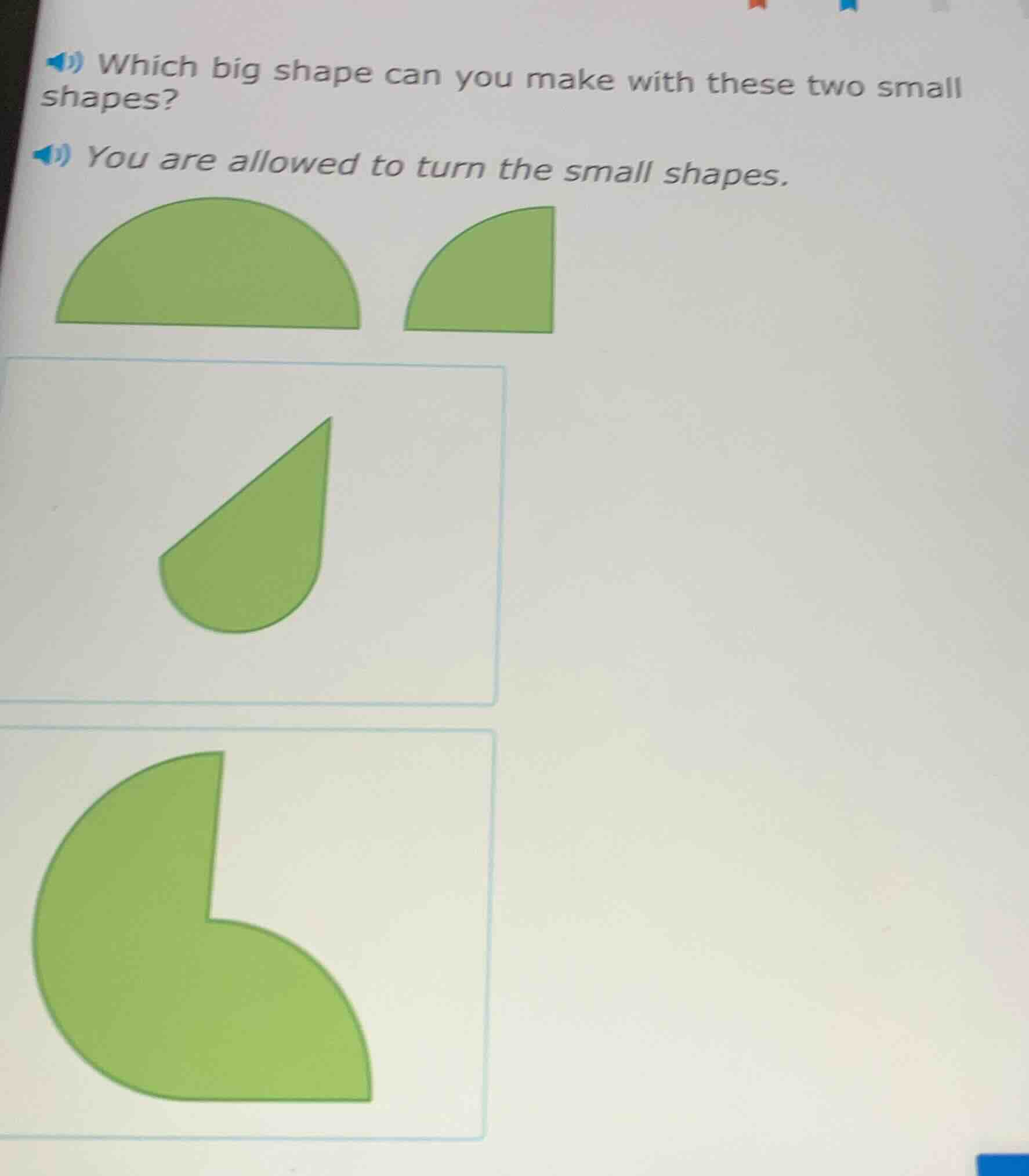 which big shape can you make with these two small shapes? you are allow…