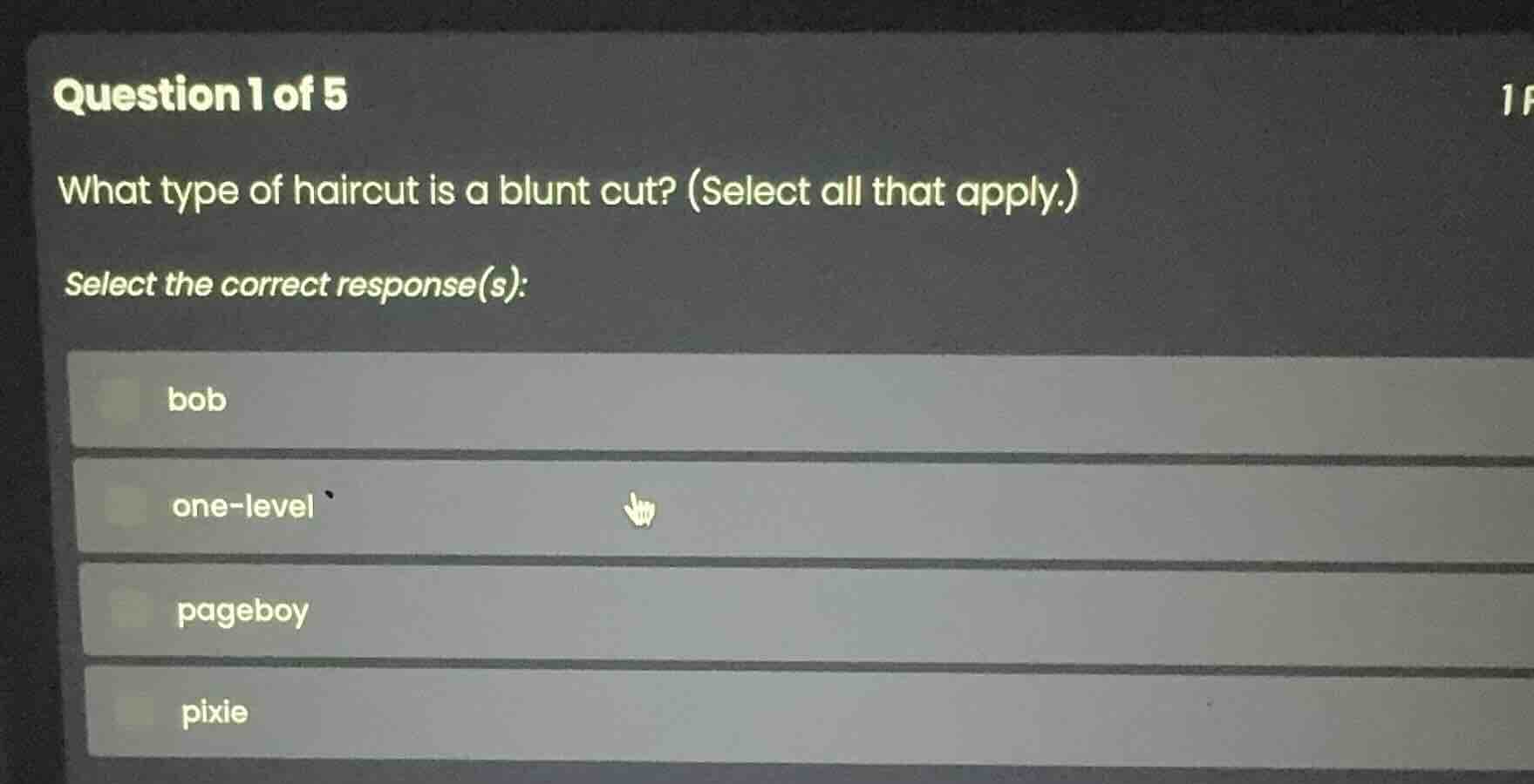 question 1 of 5 what type of haircut is a blunt cut? (select all that a…