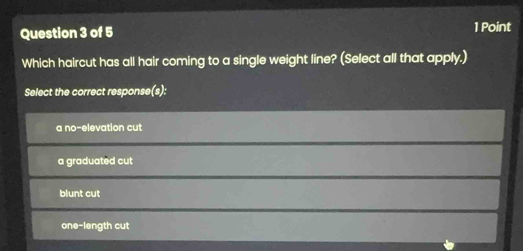 question 3 of 5 1 point which haircut has all hair coming to a single w…