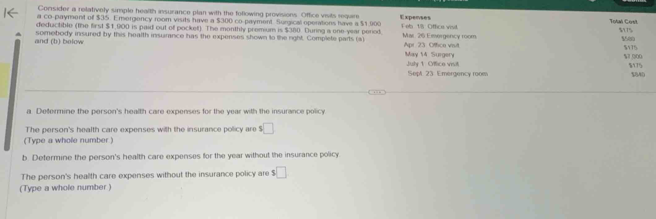 consider a relatively simple health insurance plan with the following p…