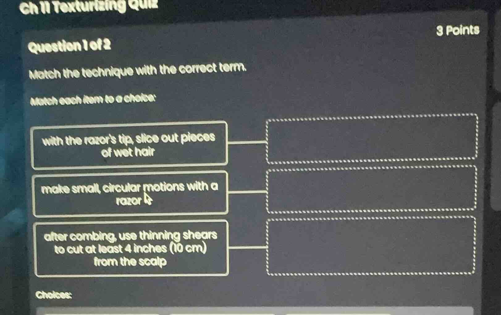 ch 11 texturizing quiz question 1 of 2 match the technique with the cor…
