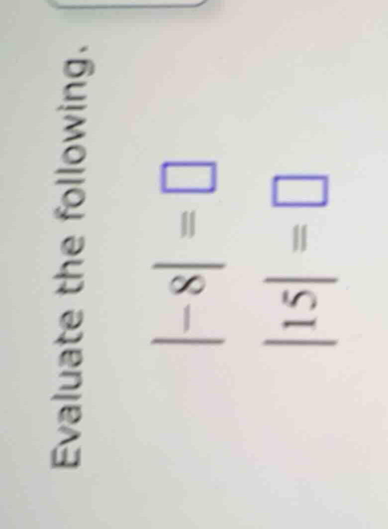 evaluate the following. \\(|-8| = \\) \\(|15| = \\)