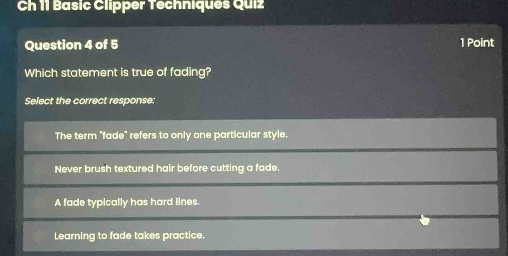 ch 11 basic clipper techniques quiz question 4 of 5 1 point which state…