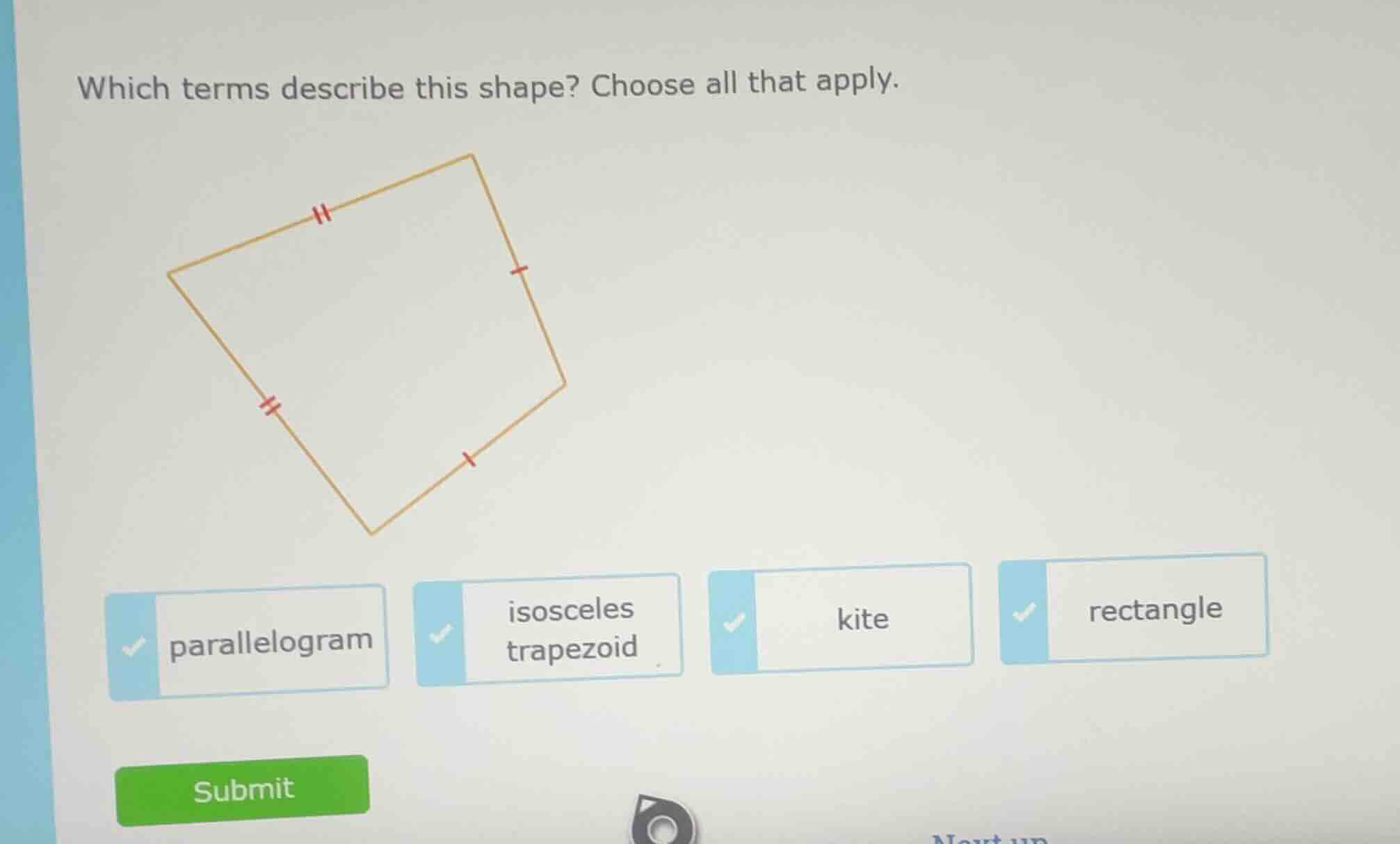 which terms describe this shape? choose all that apply. parallelogram i…
