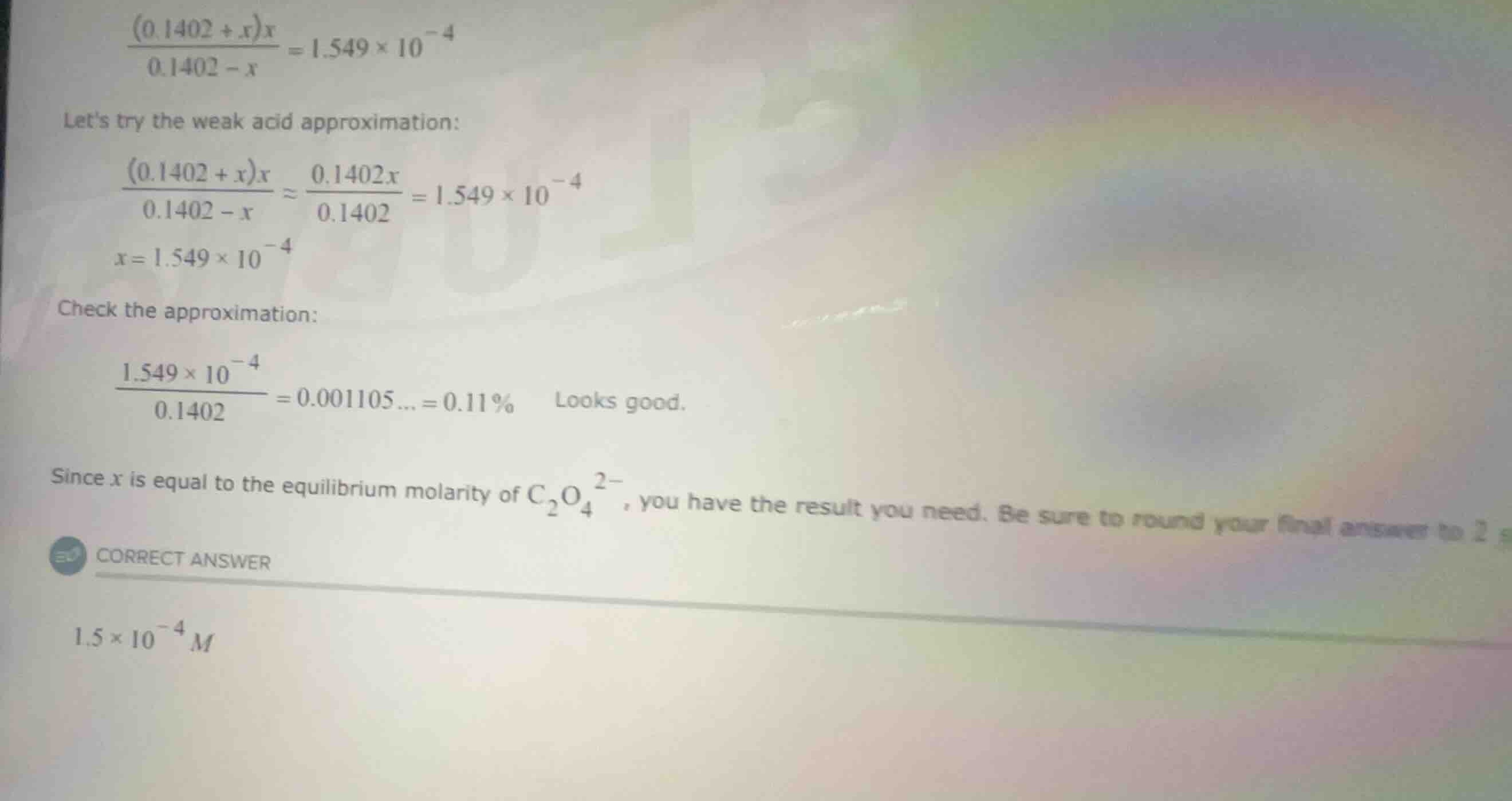 \\\\frac{(0.1402 + x)x}{0.1402 - x} = 1.549 \\times 10^{-4}\\ lets try …
