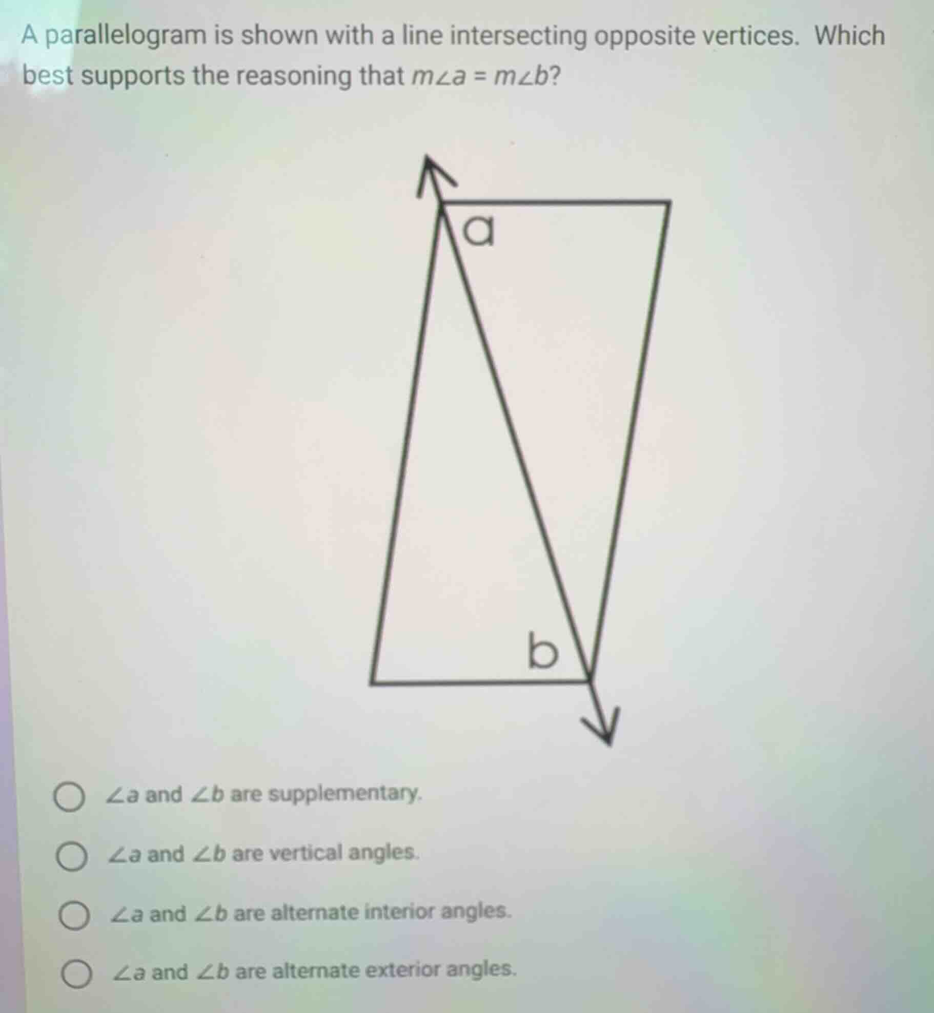 a parallelogram is shown with a line intersecting opposite vertices. wh…