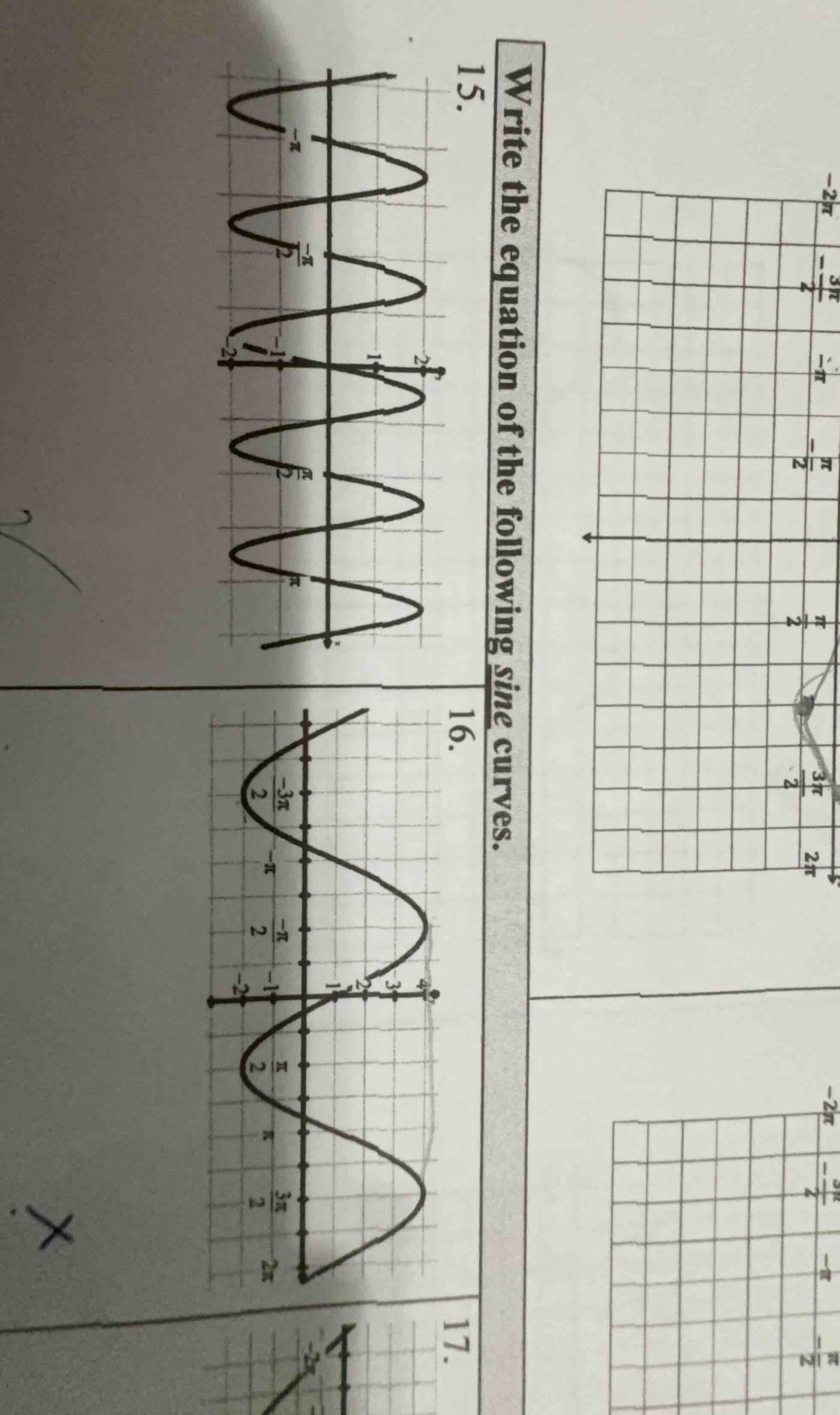 write the equation of the following sine curves. 15. 16.