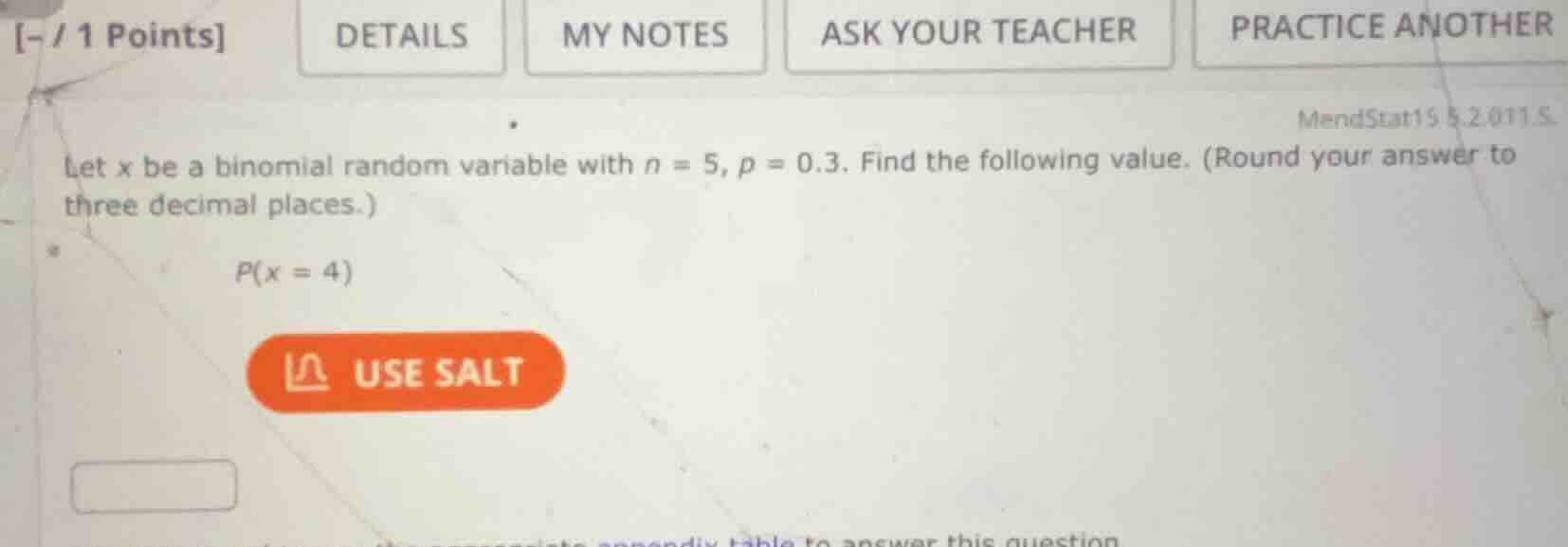 let \\(x\\) be a binomial random variable with \\(n = 5\\), \\(p = 0.3\…