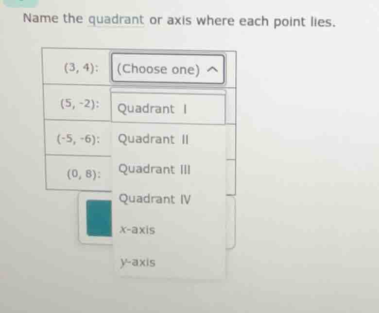 name the quadrant or axis where each point lies. \\((3, 4)\\): (choose …
