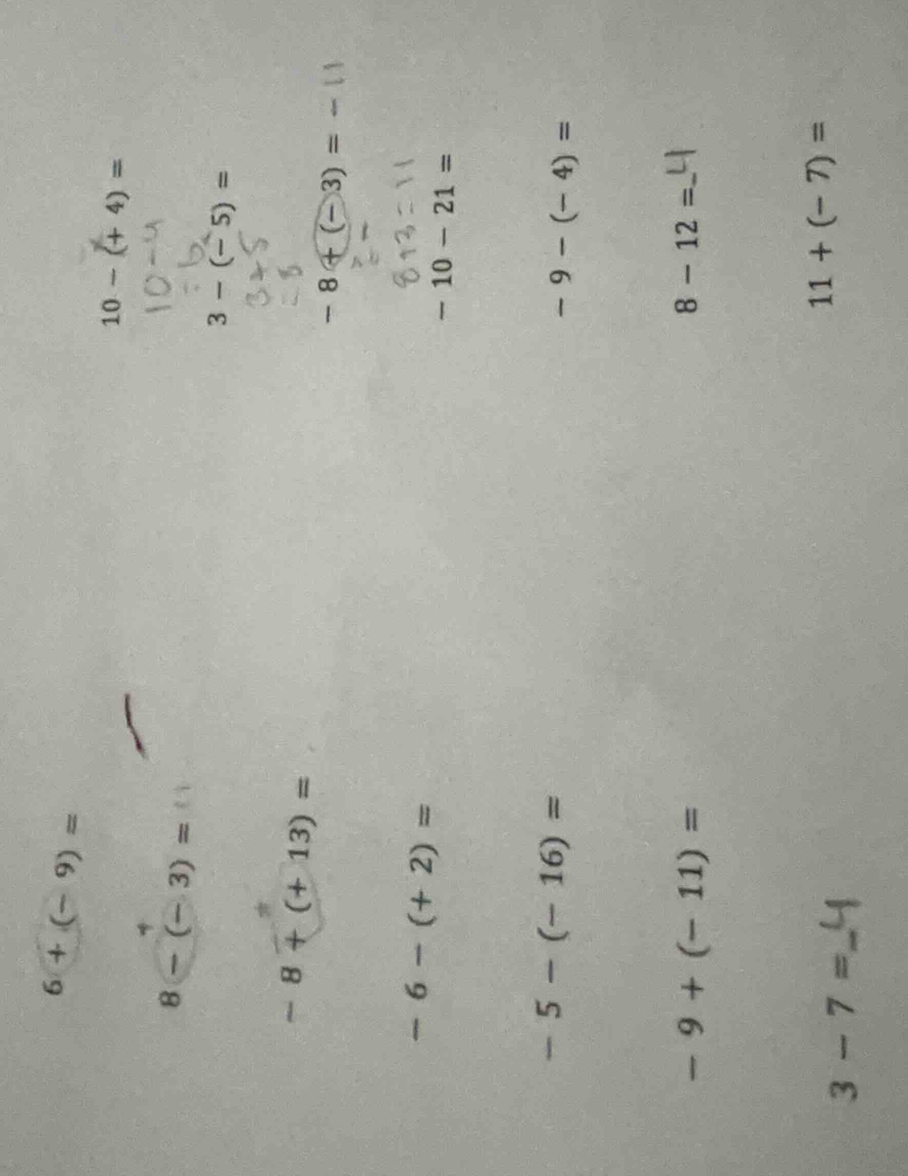 \\ 10 - (+4) = \\\\ 3 - (-5) = \\\\ -8 + (-3) = \\\\ -10 - 21 = \\\\ -9…