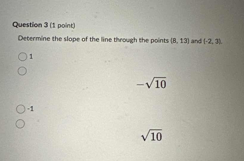 question 3 (1 point) determine the slope of the line through the points…