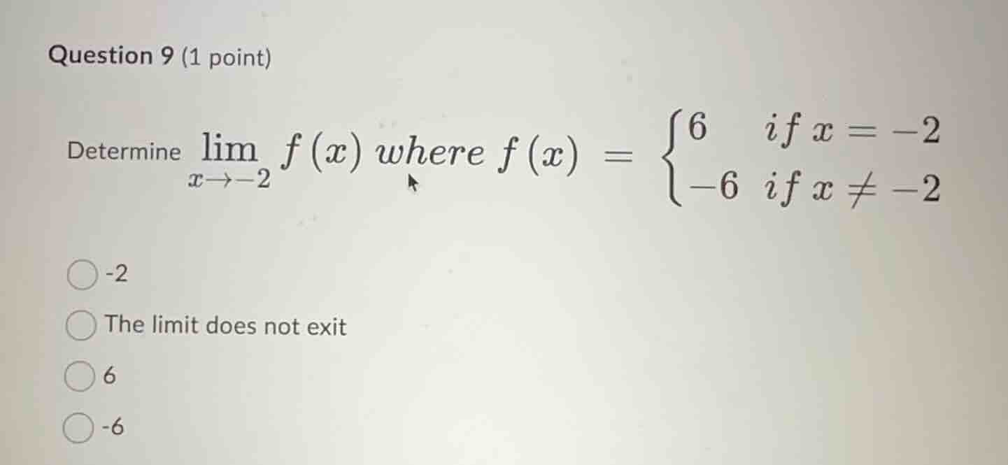 question 9 (1 point) determine \\(\\lim_{x \\to -2} f(x)\\) where \\(f(…