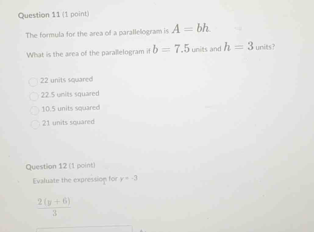 question 11 (1 point) the formula for the area of a parallelogram is (a…