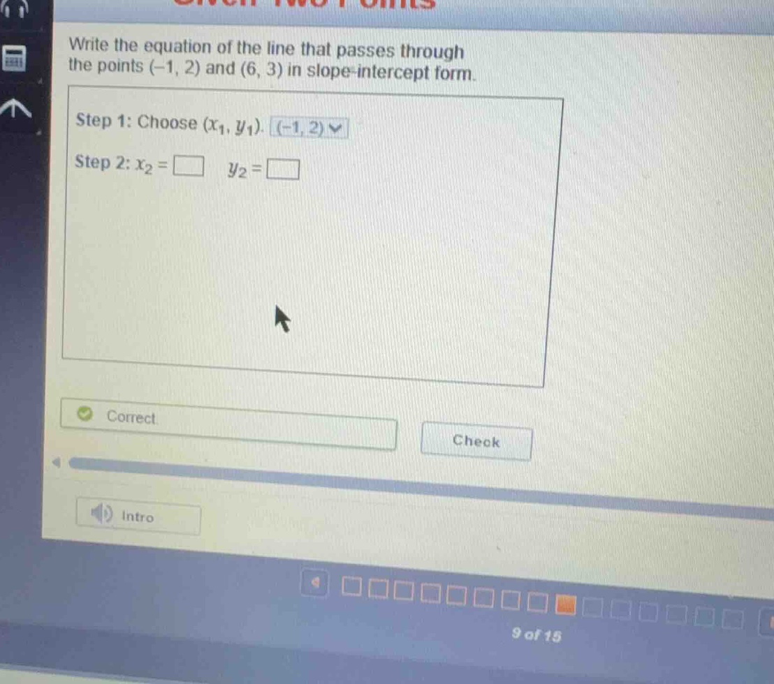 write the equation of the line that passes through the points \\((-1, 2…