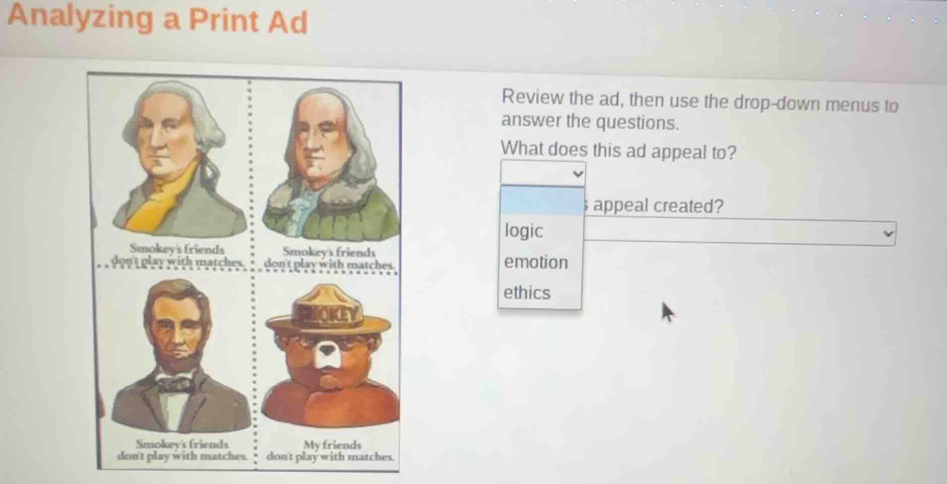 analyzing a print ad review the ad, then use the drop-down menus to ans…