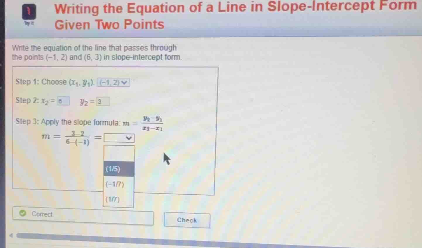 writing the equation of a line in slope-intercept form given two points…