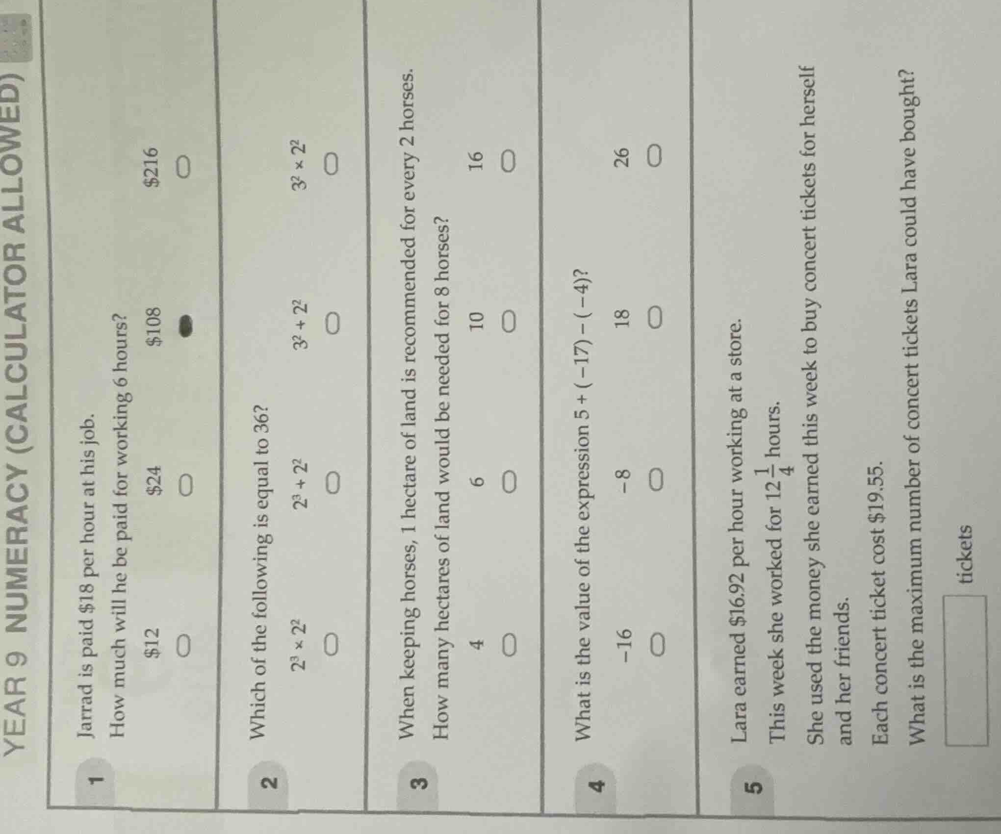 year 9 numeracy (calculator allowed) 1 jarrad is paid $18 per hour at h…