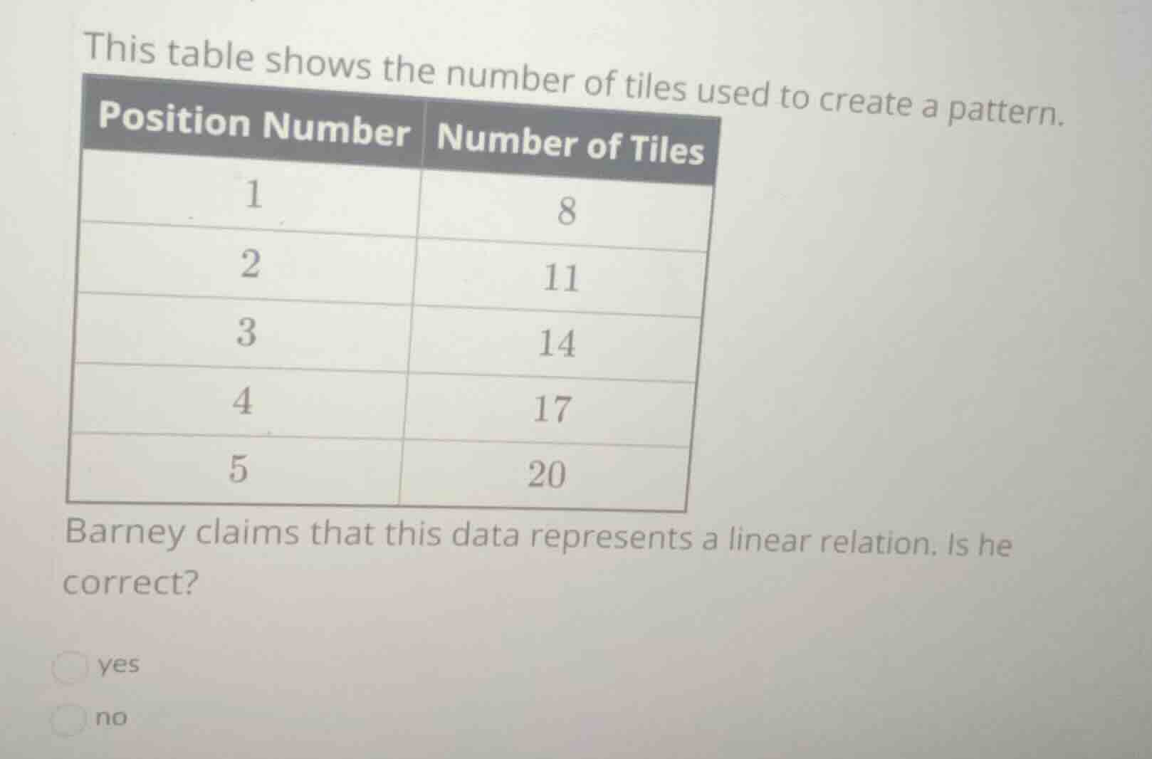 this table shows the number of tiles used to create a pattern. \\begin{…