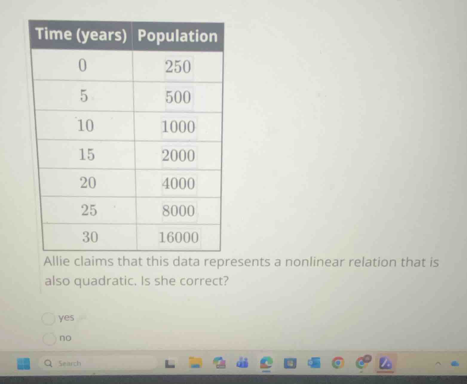 allie claims that this data represents a nonlinear relation that is als…