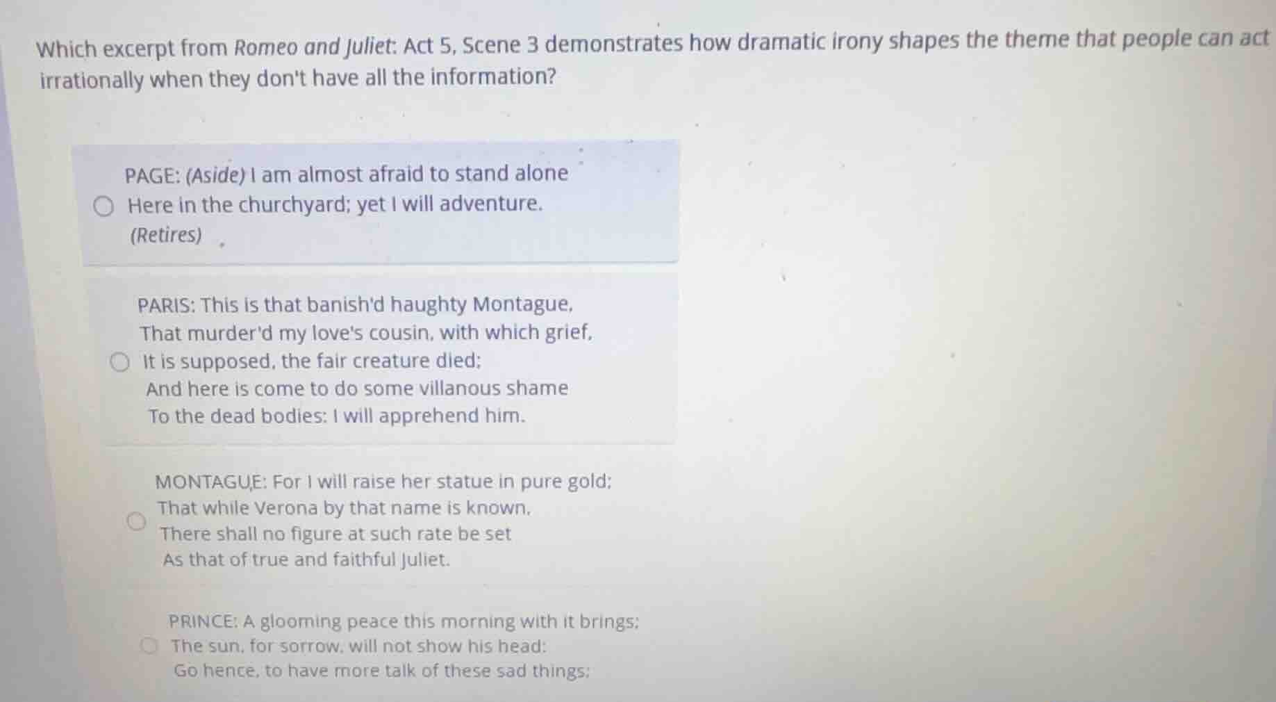 which excerpt from romeo and juliet: act 5, scene 3 demonstrates how dr…