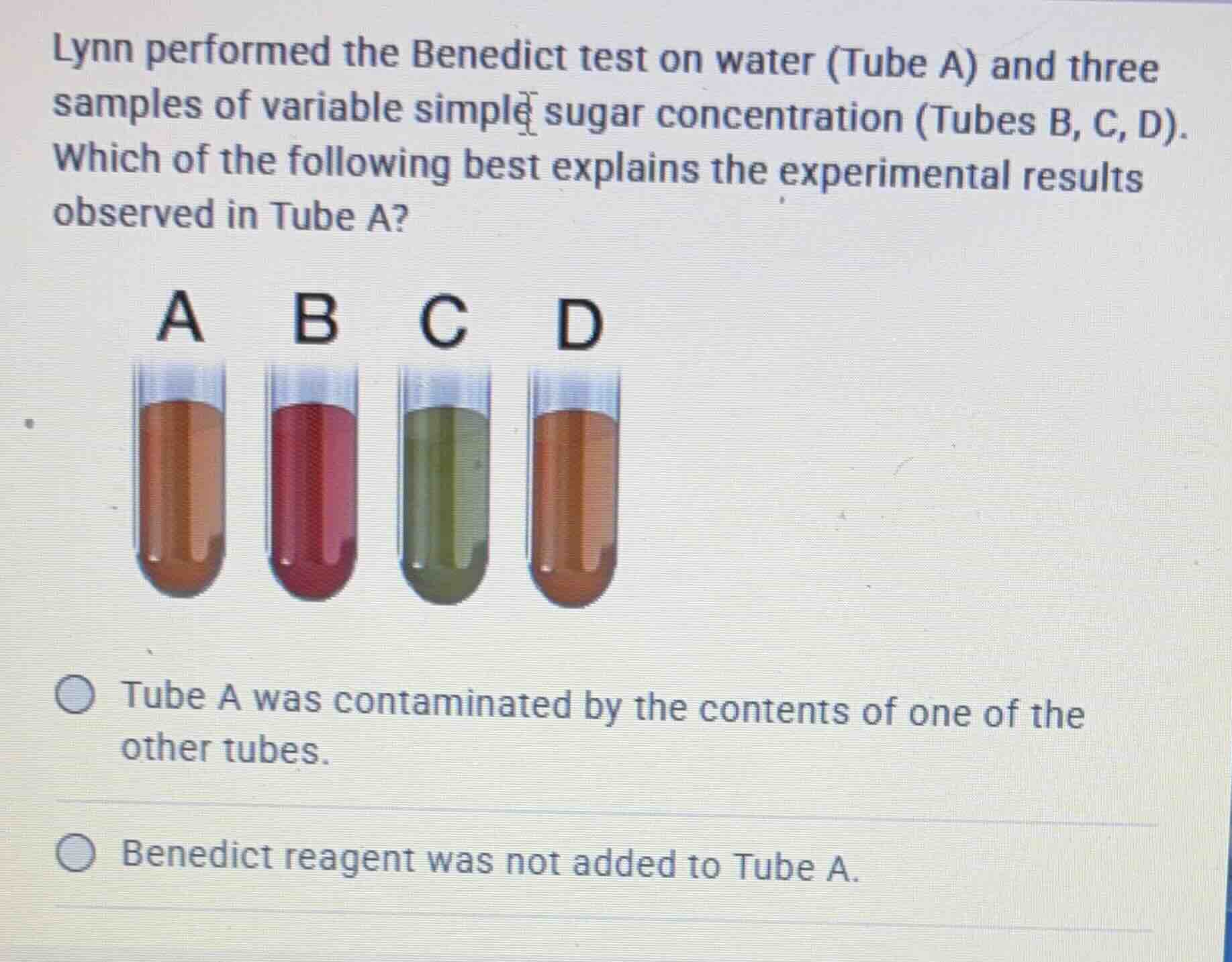 lynn performed the benedict test on water (tube a) and three samples of…