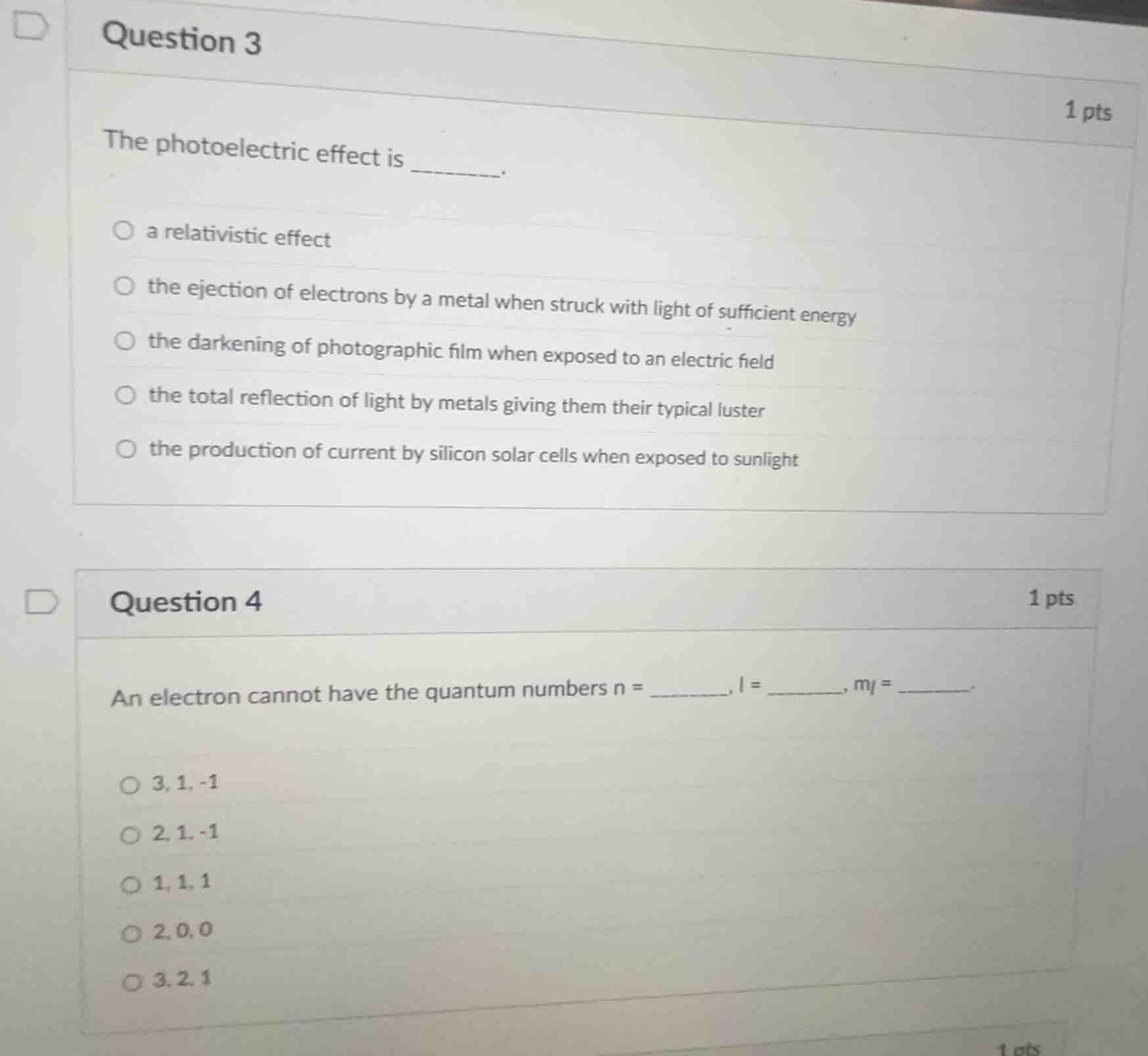 question 3 1 pts the photoelectric effect is ______. a relativistic eff…