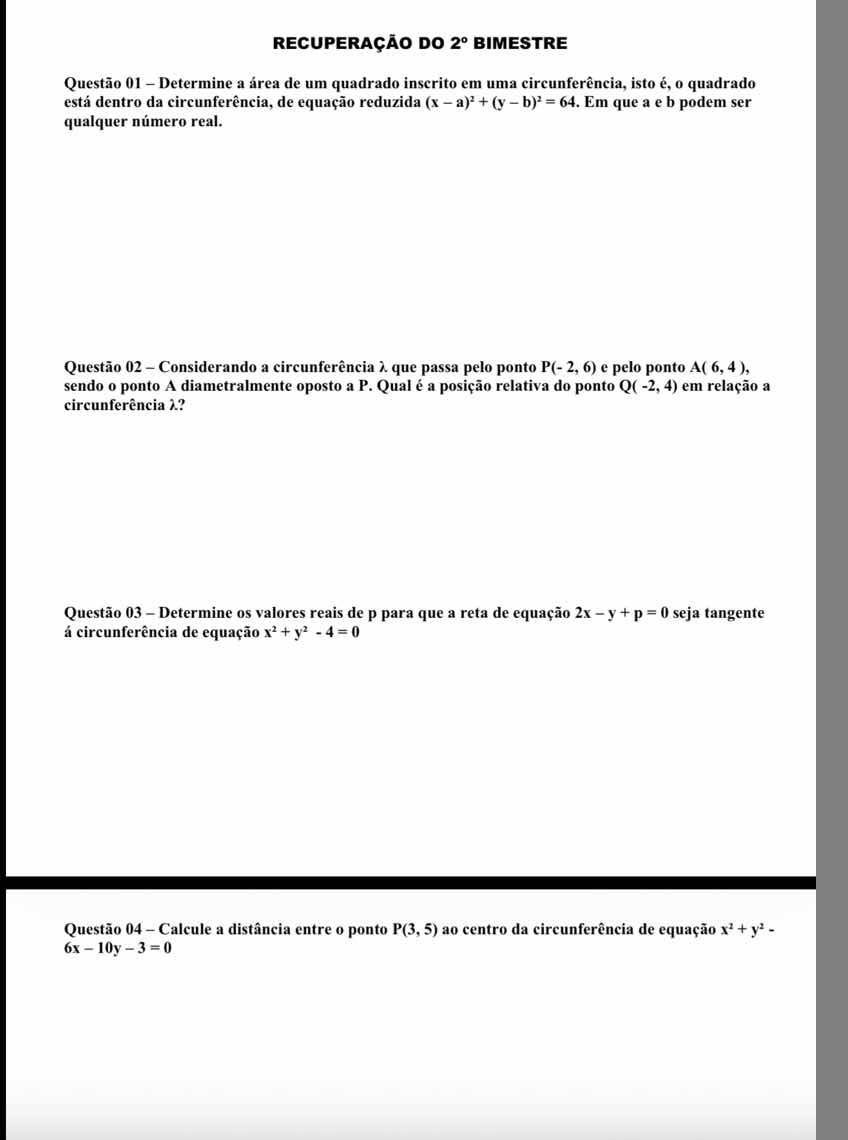 recuperação do 2º bimestre questão 01 - determine a área de um quadrado…
