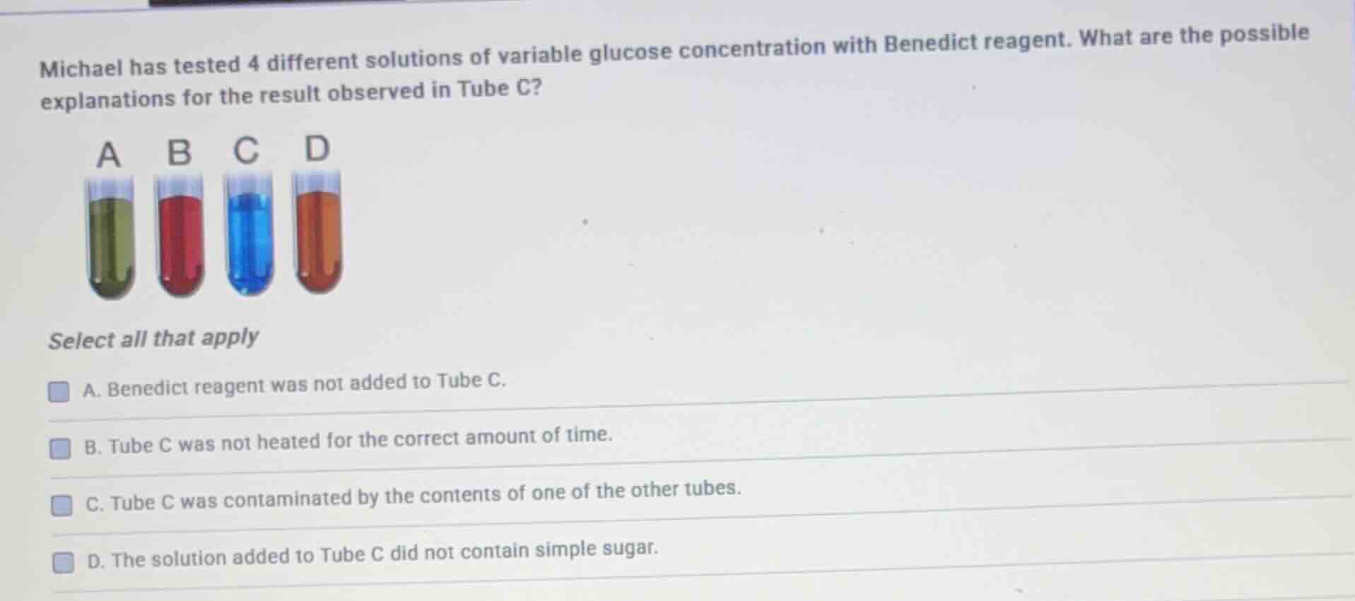 michael has tested 4 different solutions of variable glucose concentrat…