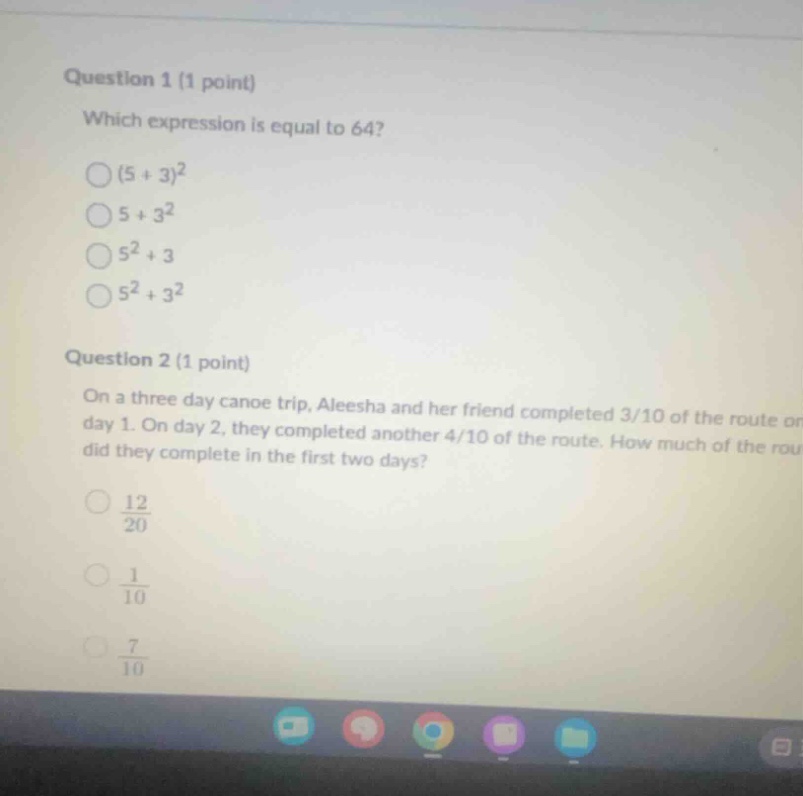 question 1 (1 point) which expression is equal to 64? \\((5 + 3)^2\\) \…