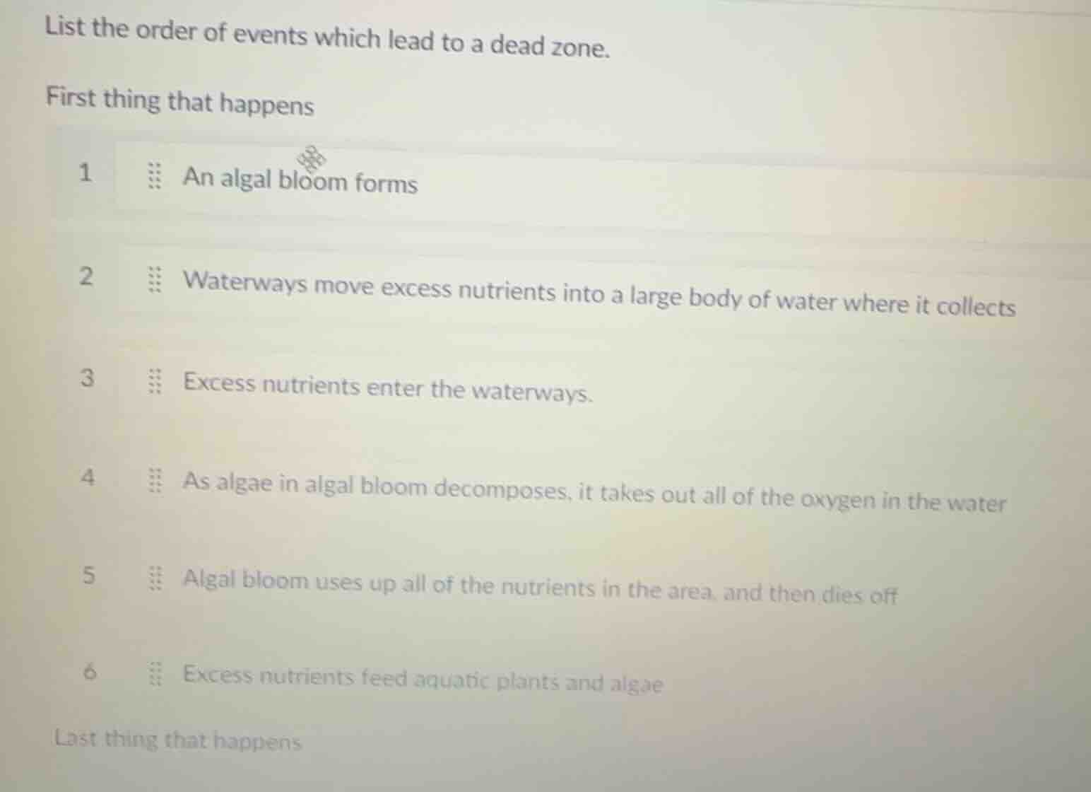 list the order of events which lead to a dead zone. first thing that ha…