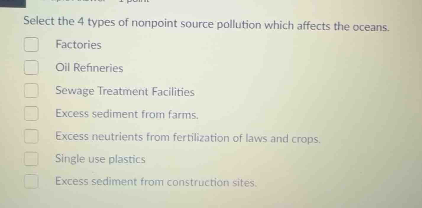 select the 4 types of nonpoint source pollution which affects the ocean…