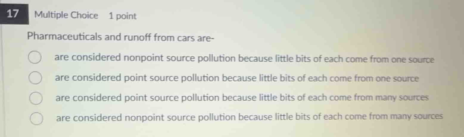 pharmaceuticals and runoff from cars are- are considered nonpoint sourc…