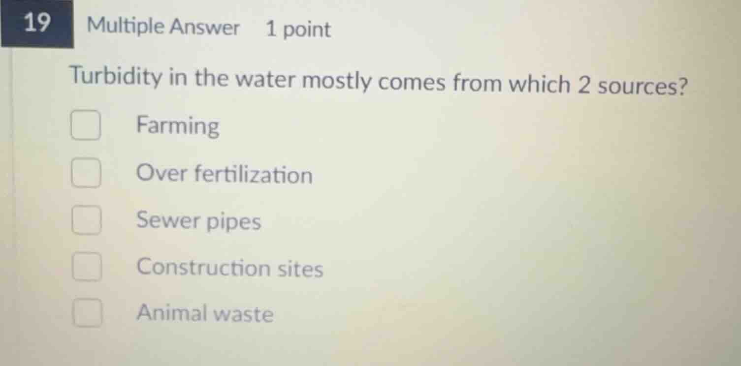 turbidity in the water mostly comes from which 2 sources? farming over …