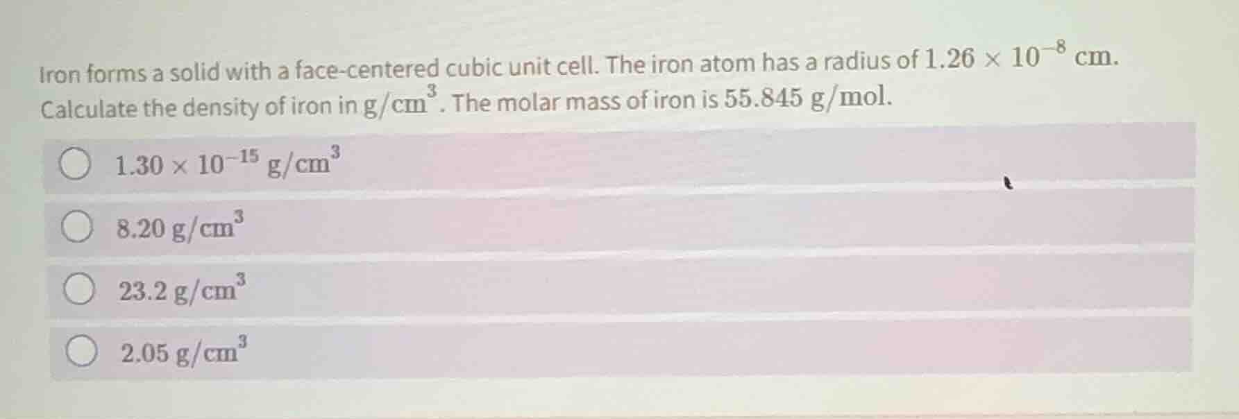 iron forms a solid with a face-centered cubic unit cell. the iron atom …