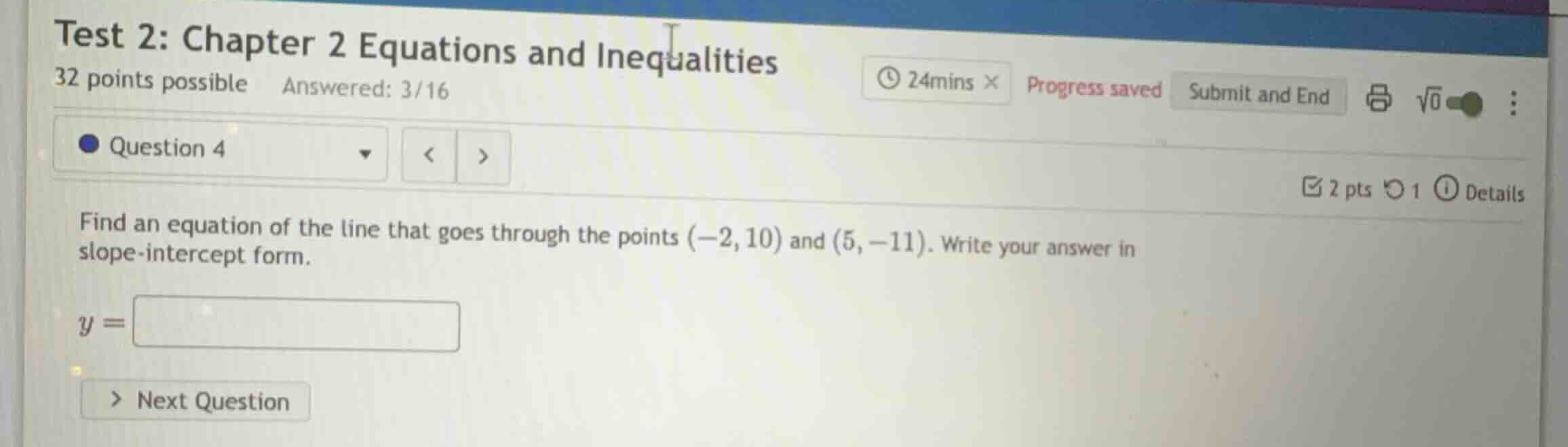 find an equation of the line that goes through the points \\((-2, 10)\\…