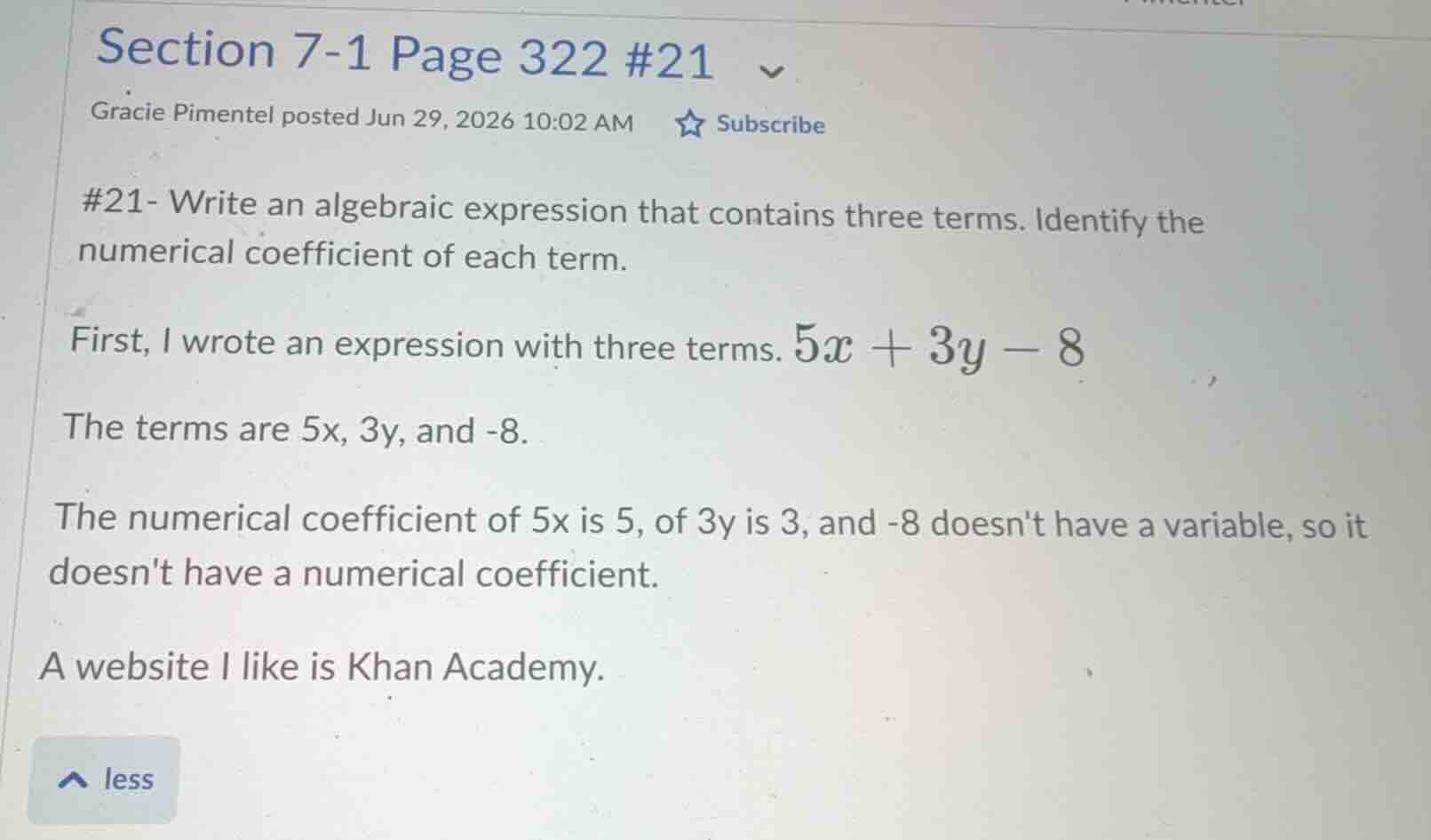 #21- write an algebraic expression that contains three terms. identify …