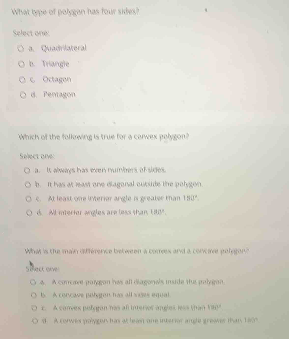 what type of polygon has four sides? select one: a. quadrilateral b. tr…