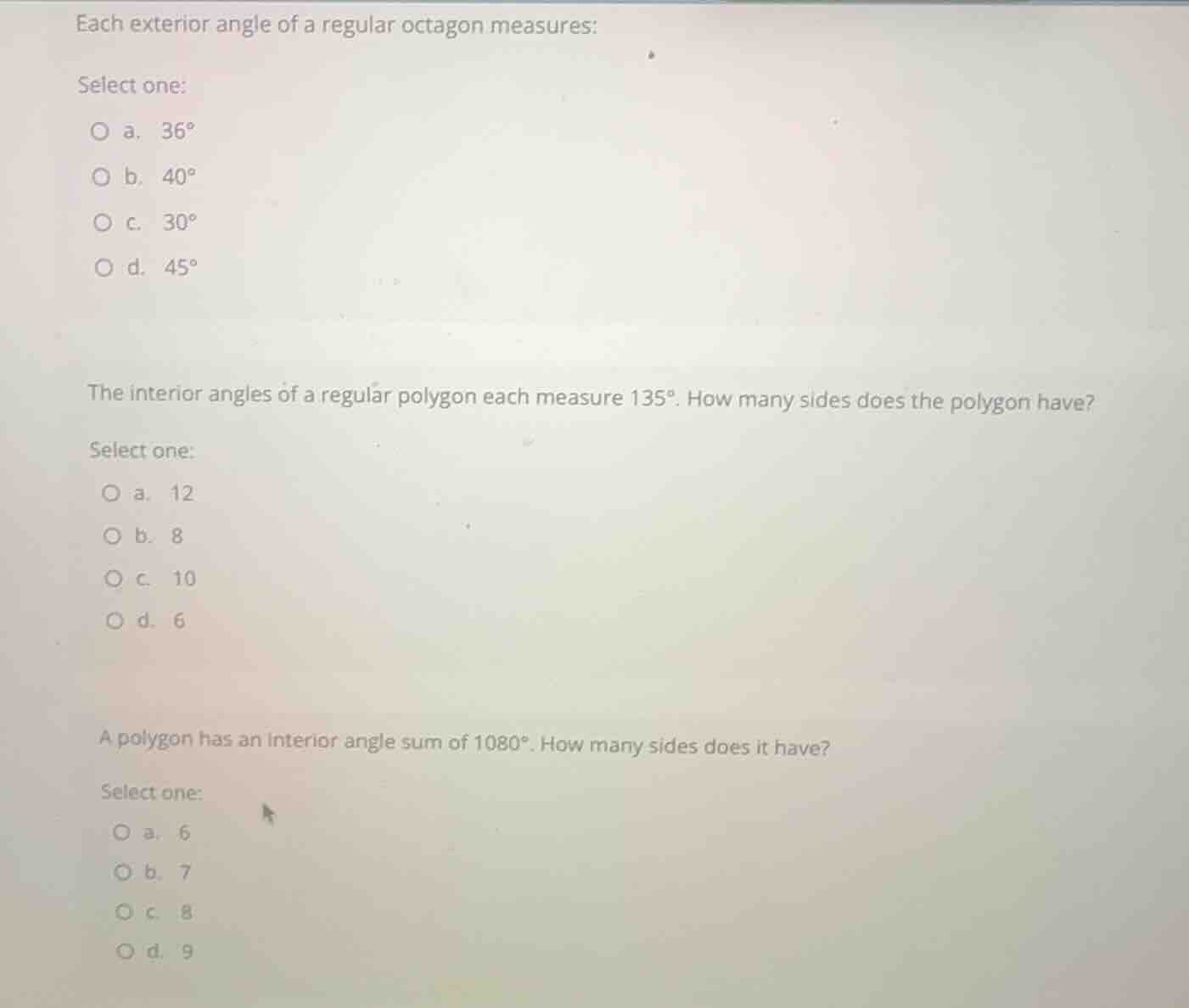each exterior angle of a regular octagon measures: select one: a. \\(36…
