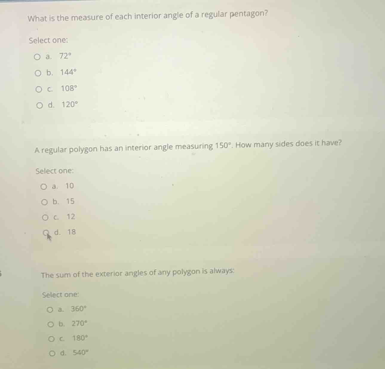 what is the measure of each interior angle of a regular pentagon? selec…