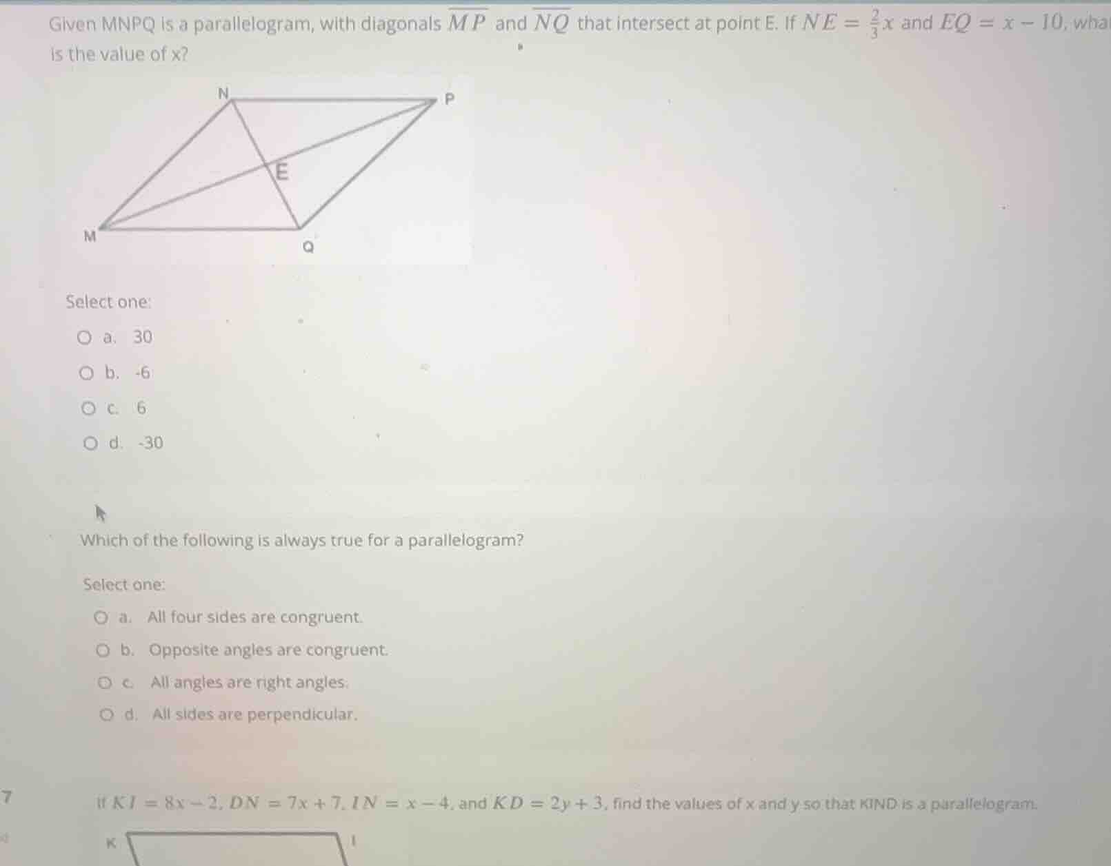given mnpq is a parallelogram, with diagonals \\(\\overline{mp}\\) and …